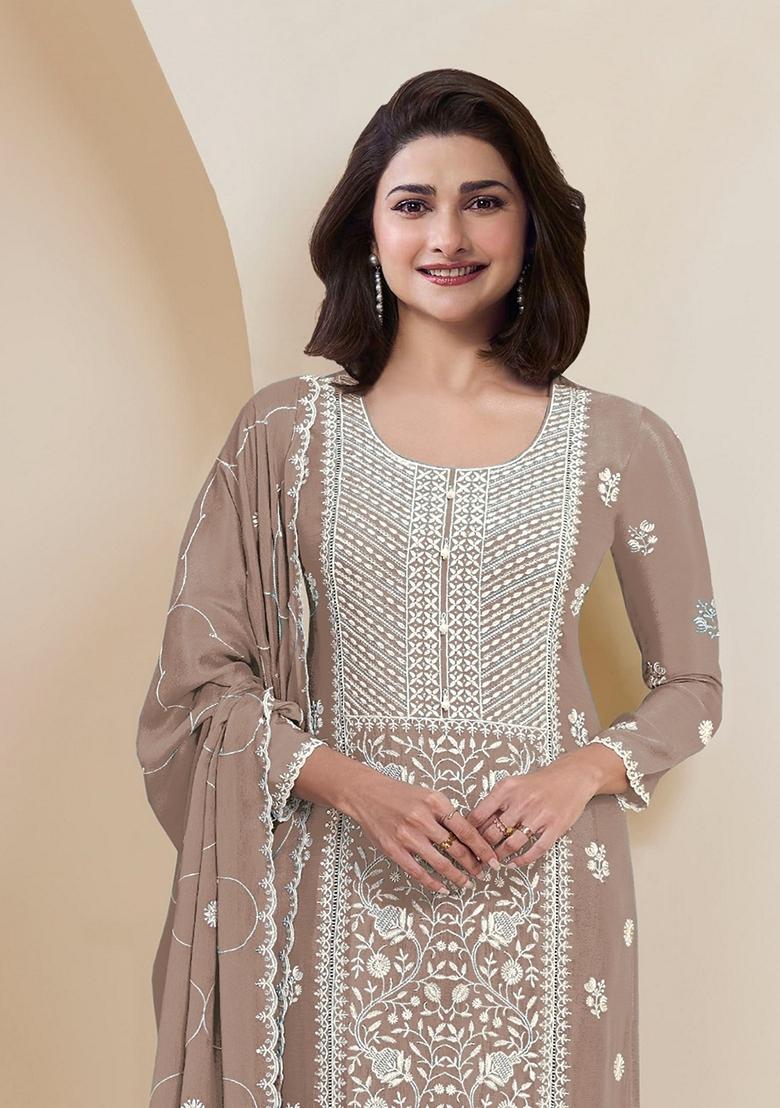 Beige Embroidered Georgette Salwar Kameez With Dupatta