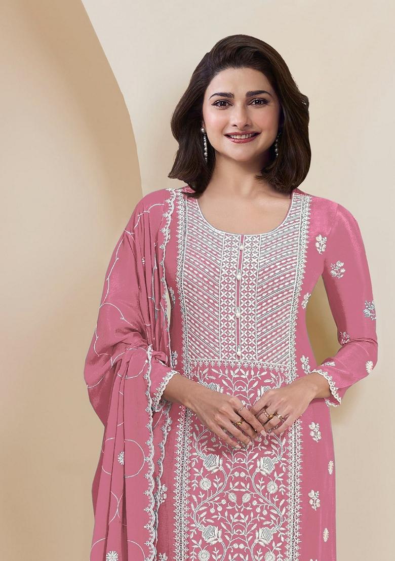 Pink Embroidered Georgette Salwar Kameez With Dupatta