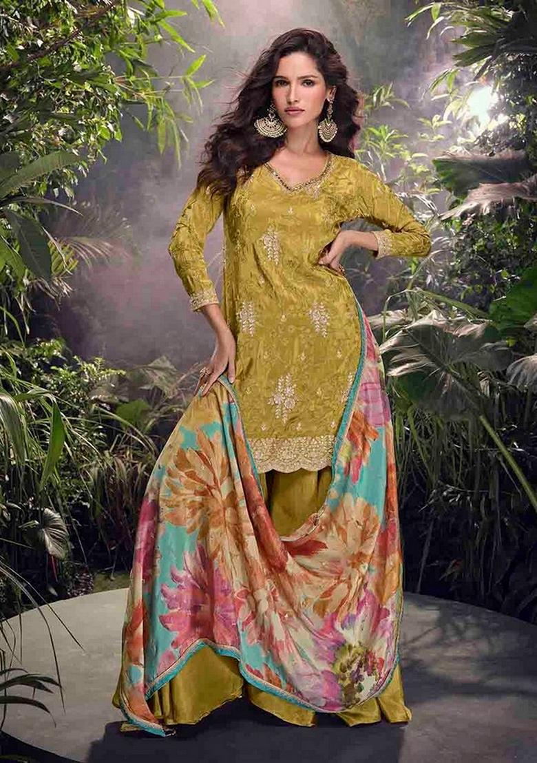 Green Floral Print Art Silk Palazzo Set With Dupatta