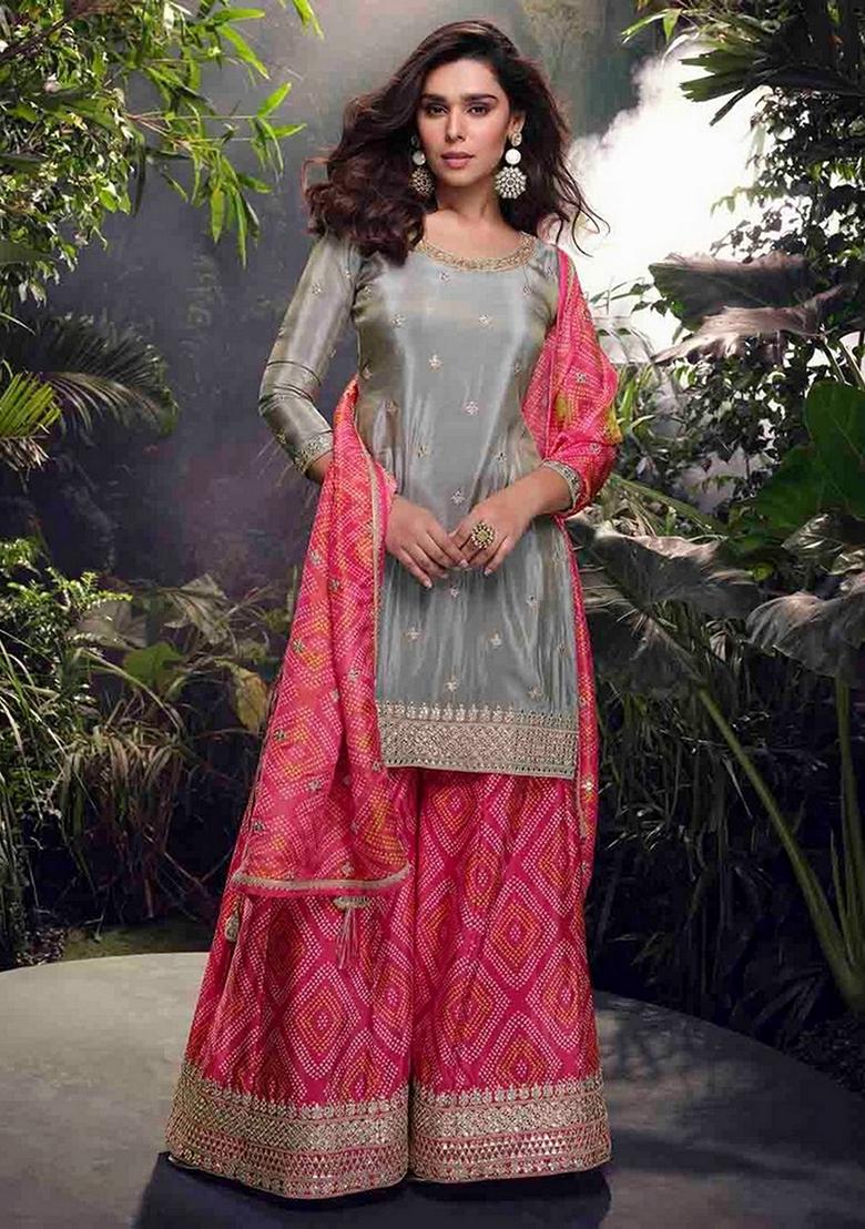 Grey Floral Print Art Silk Palazzo Set With Dupatta
