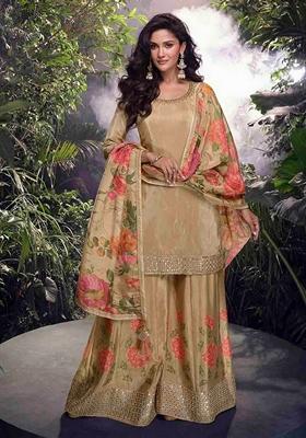 Beige Floral Print Art Silk Palazzo Set With Dupatta