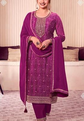 Purple Printed Art Silk Salwar Kameez With Dupatta