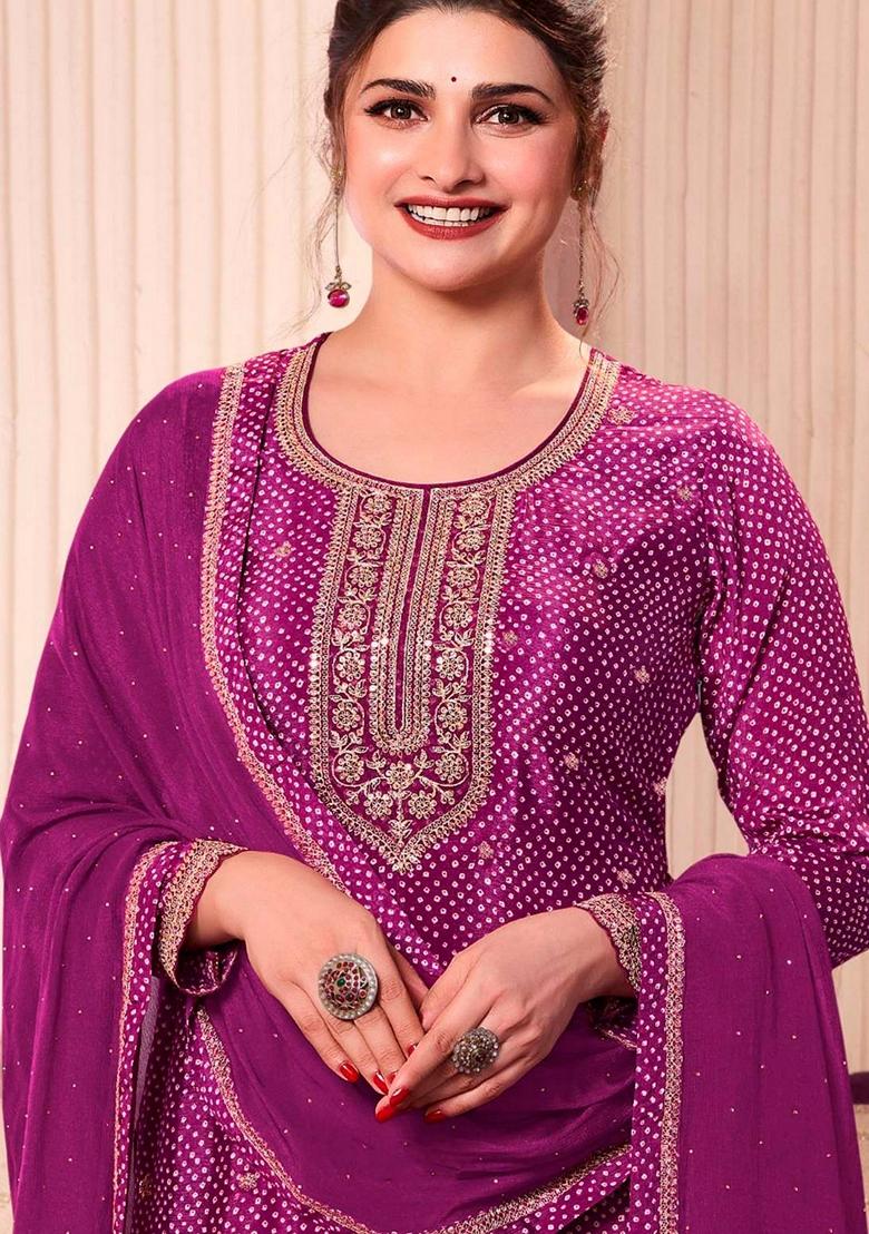 Purple Printed Art Silk Salwar Kameez With Dupatta