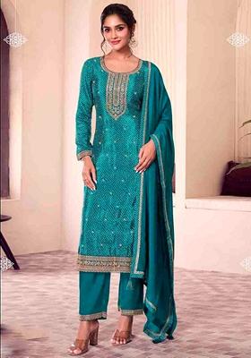 Green Printed Art Silk Salwar Kameez With Dupatta