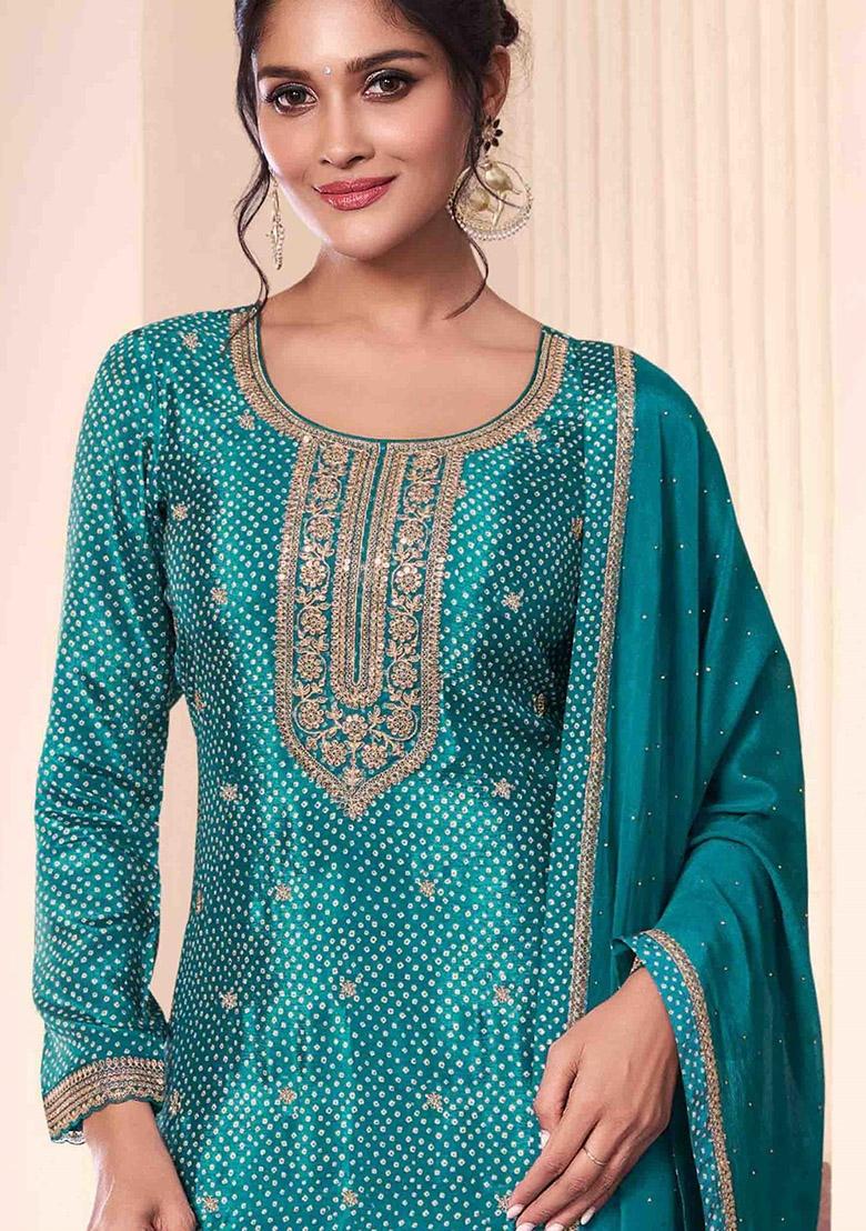 Green Printed Art Silk Salwar Kameez With Dupatta