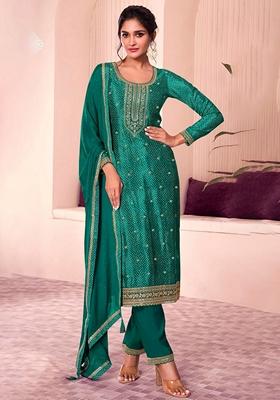 Green Printed Art Silk Salwar Kameez With Dupatta