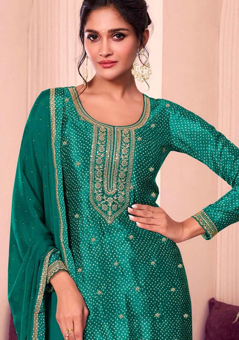 Green Printed Art Silk Salwar Kameez With Dupatta