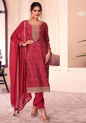 Maroon Printed Art Silk Salwar Kameez With Dupatta