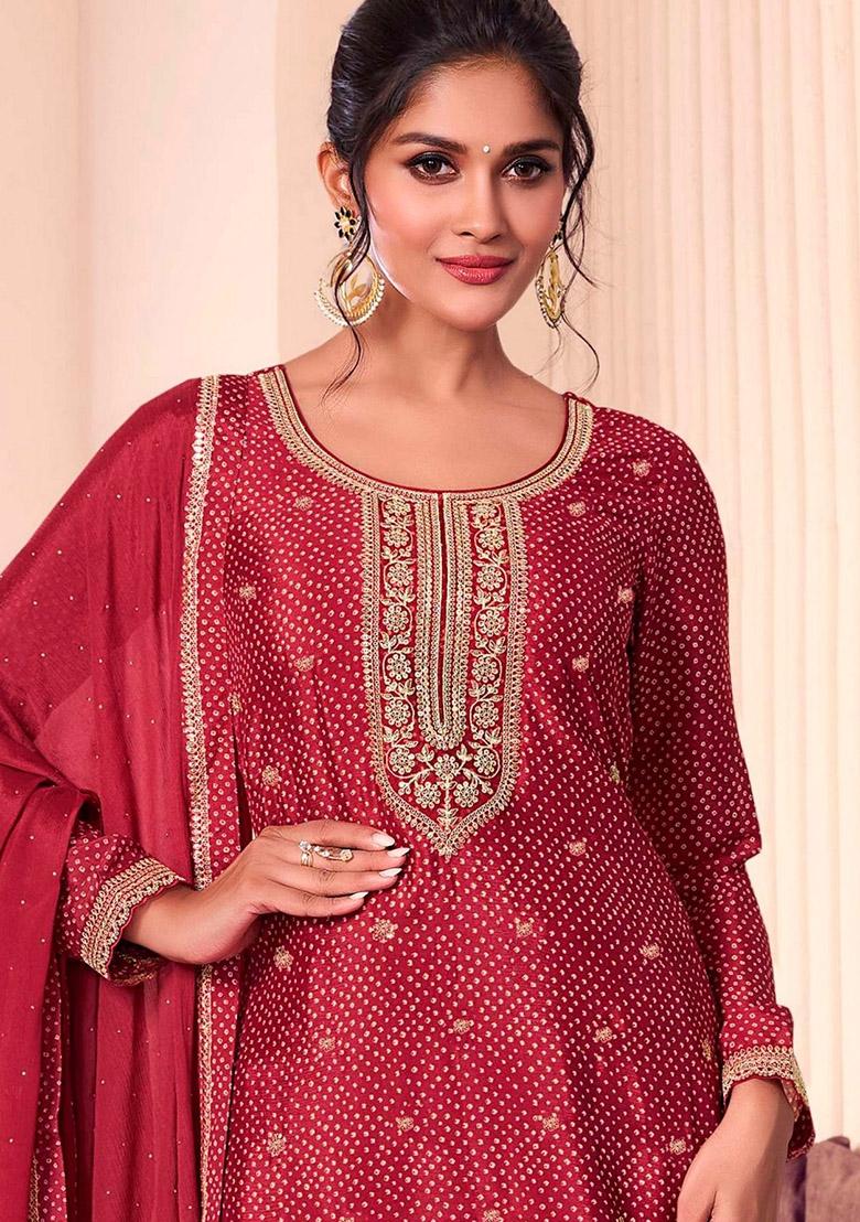 Maroon Printed Art Silk Salwar Kameez With Dupatta