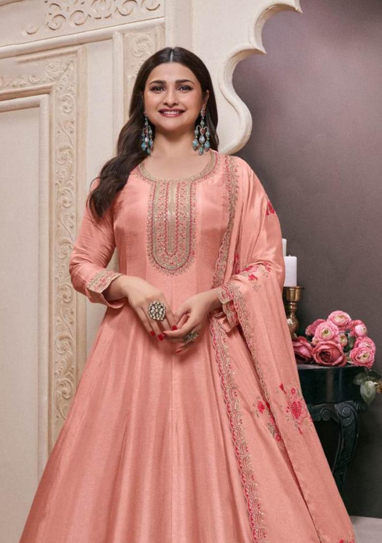 Peach Embroidered Art Silk Anarkali Set With Dupatta