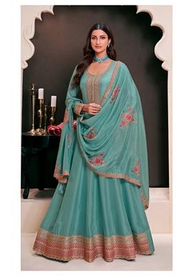 Blue Embroidered Art Silk Anarkali Set With Dupatta