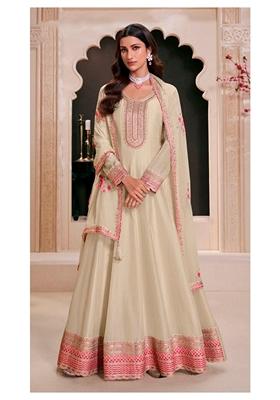 Off White Embroidered Art Silk Anarkali Set With Dupatta