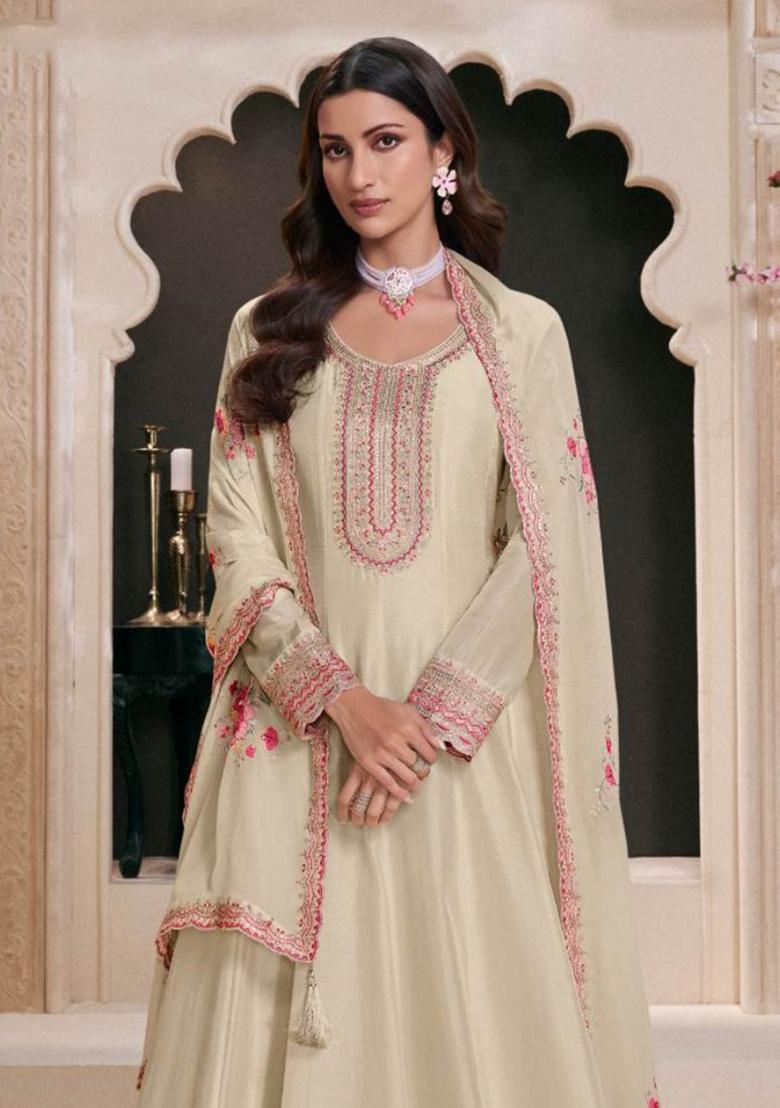 Off White Embroidered Art Silk Anarkali Set With Dupatta