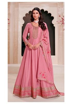 Pink Embroidered Art Silk Anarkali Set With Dupatta