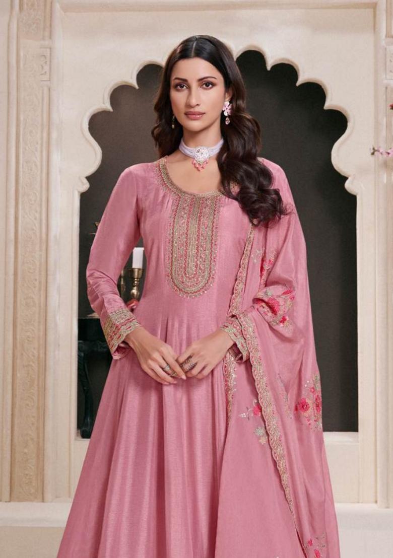 Pink Embroidered Art Silk Anarkali Set With Dupatta
