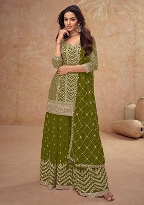 Green Embroidered Art Silk Palazzo Set With Dupatta