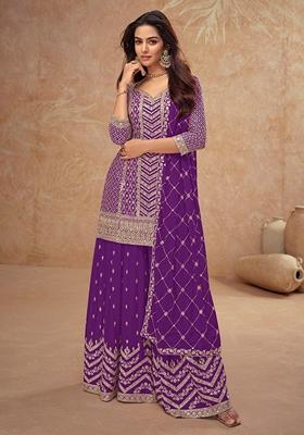 Purple Embroidered Art Silk Palazzo Set With Dupatta