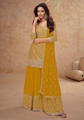 Mustard Yellow Embroidered Art Silk Palazzo Set With Dupatta