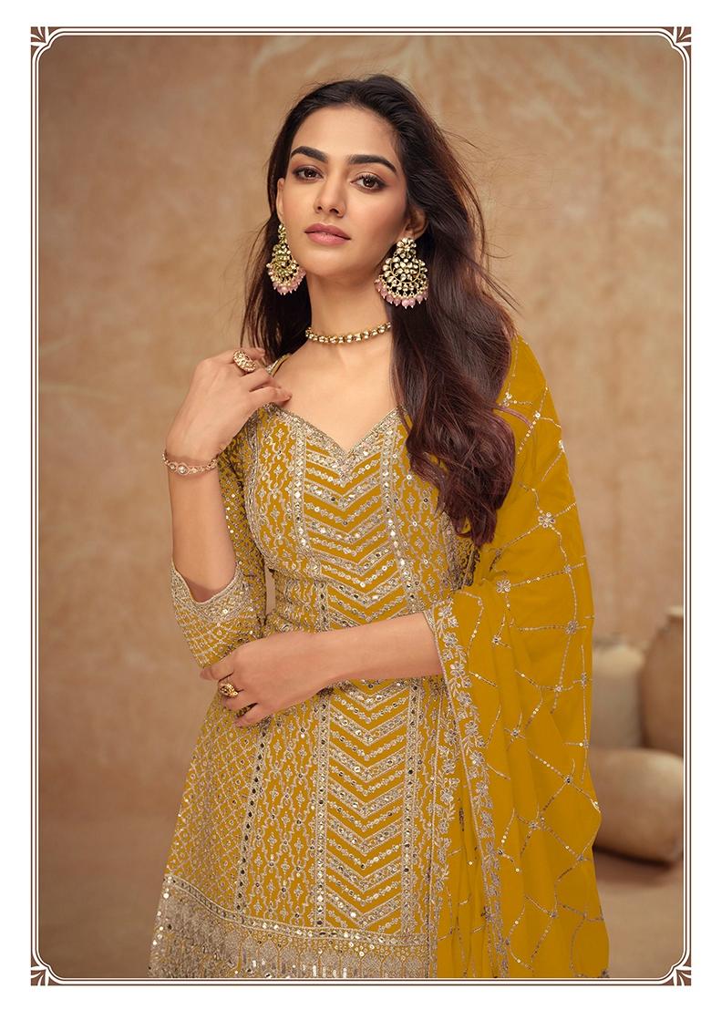 Mustard Yellow Embroidered Art Silk Palazzo Set With Dupatta