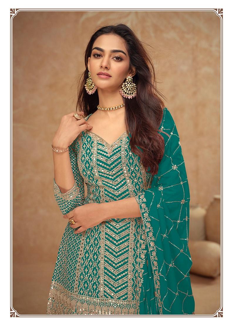 Green Embroidered Art Silk Palazzo Set With Dupatta