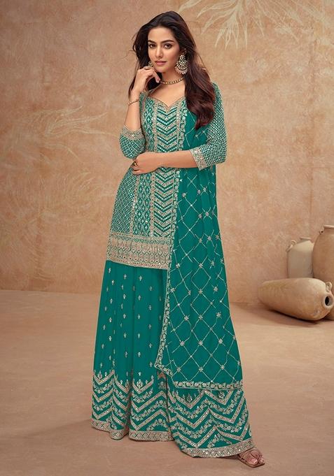Green Embroidered Art Silk Palazzo Set With Dupatta