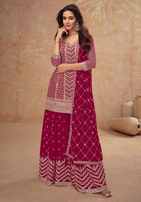 Pink Embroidered Art Silk Palazzo Set With Dupatta