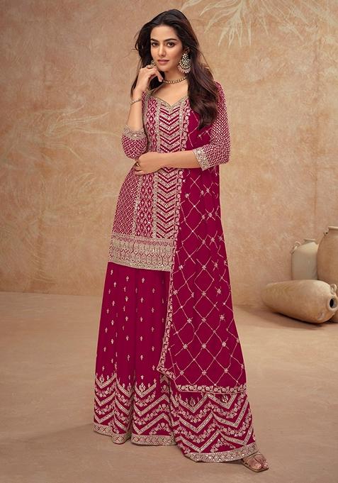 Pink Embroidered Art Silk Palazzo Set With Dupatta
