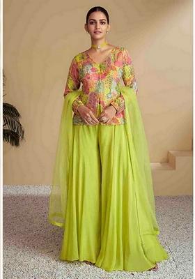 Green Printed Art Silk Palazzo Set With Dupatta