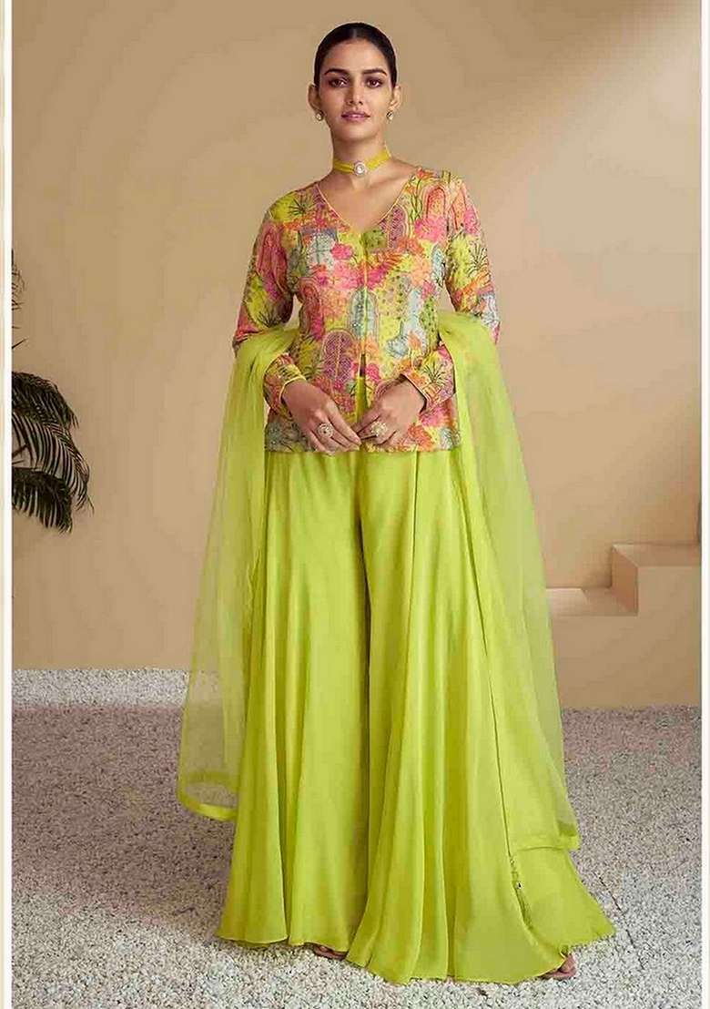 Green Embroidered Silk Sharara Set - Indya