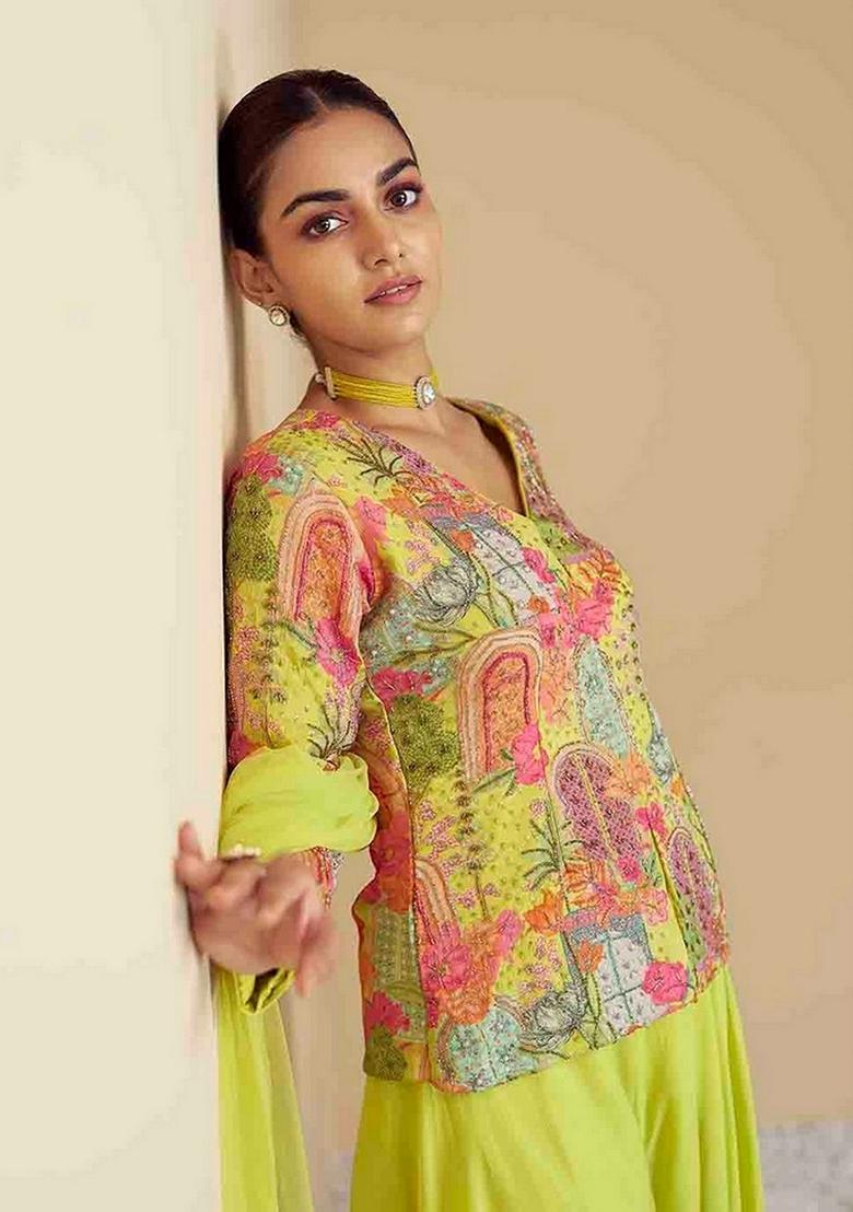 Green Printed Art Silk Palazzo Set With Dupatta