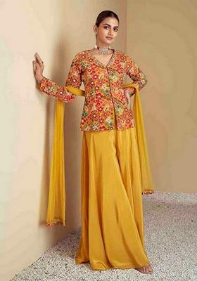 Mustard Yellow Printed Art Silk Palazzo Set With Dupatta