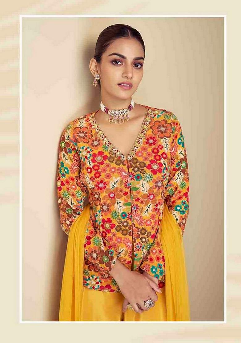 Mustard Yellow Printed Art Silk Palazzo Set With Dupatta