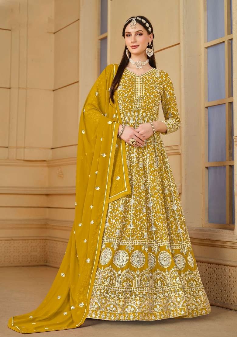 Mustard Yellow Embroidered Georgette Anarkali Set - Indya
