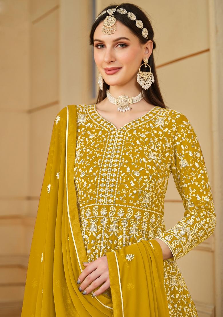 Mustard Yellow Embroidered Georgette Salwar Kameez With Dupatta