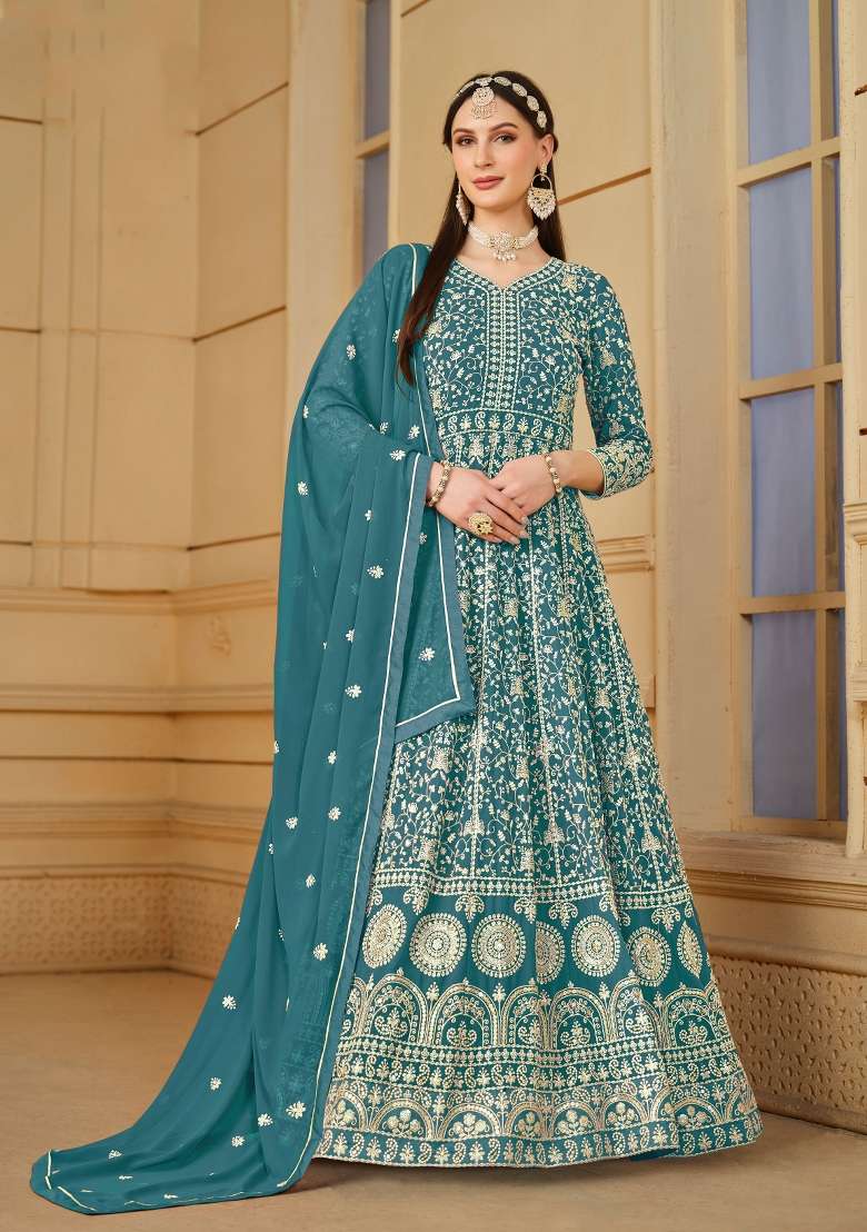 Teal Blue Embroidered Georgette Anarkali Set - Indya