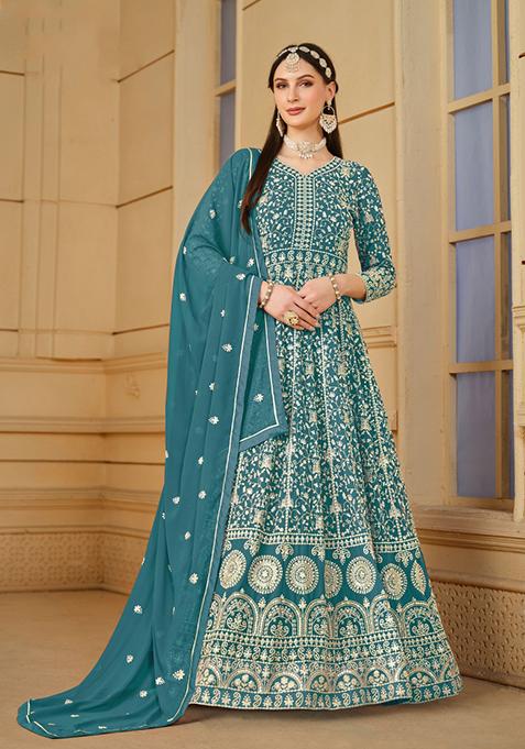 Teal Blue Embroidered Georgette Anarkali Set With Dupatta