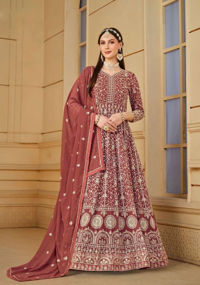 Rose Gold Embroidered Georgette Anarkali With Dupatta With Dupatta - Indya