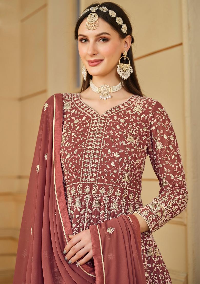 Rose Gold Embroidered Georgette Anarkali Set With Dupatta