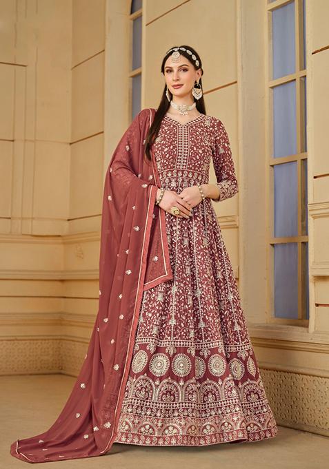 Rose Gold Embroidered Georgette Anarkali Set With Dupatta