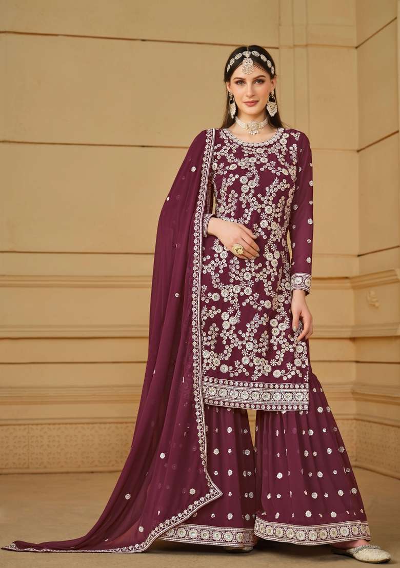 Maroon Embroidered Georgette Sharara Set With Dupatta - Indya