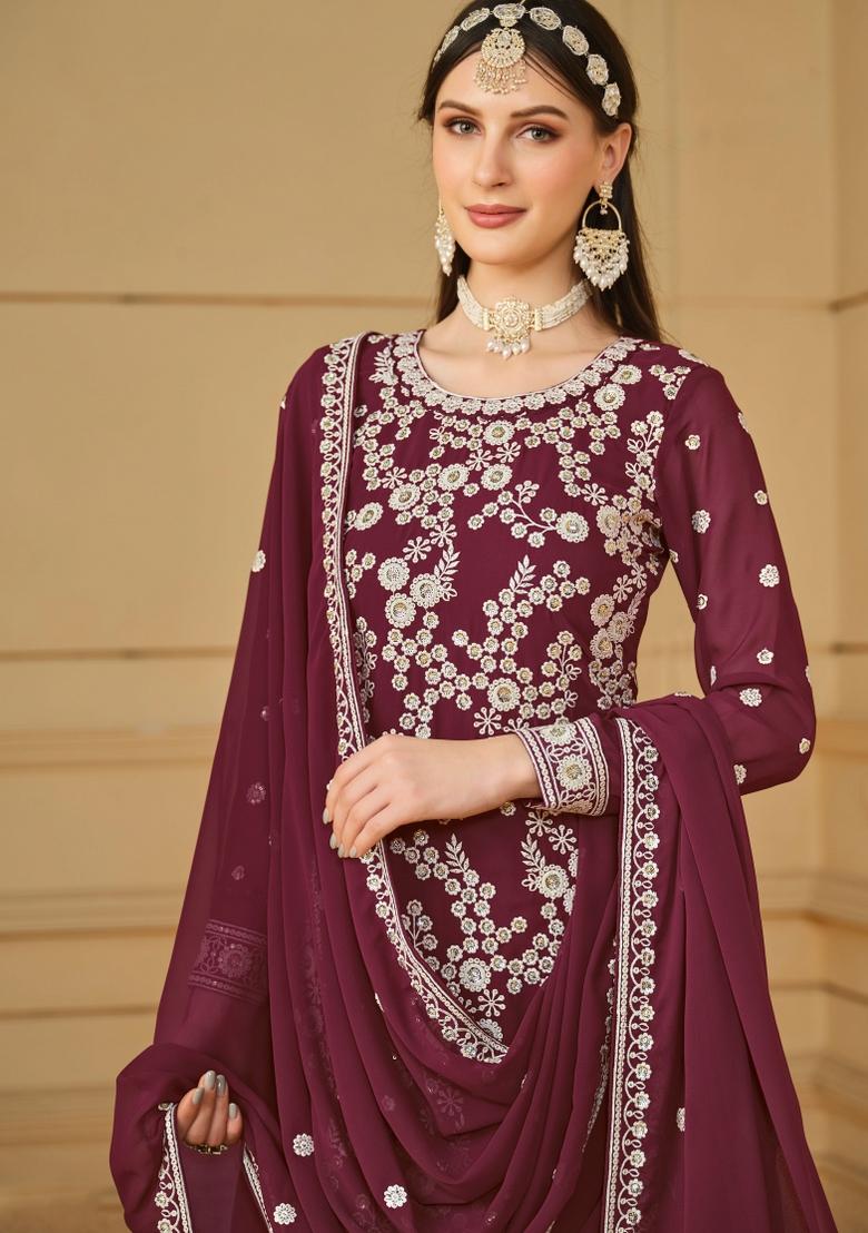 Maroon Embroidered Georgette Sharara Set With Dupatta