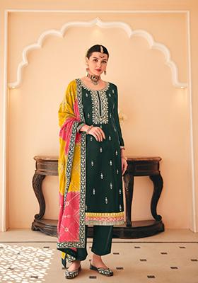 Green Embroidered Chinon Salwar Kameez With Dupatta