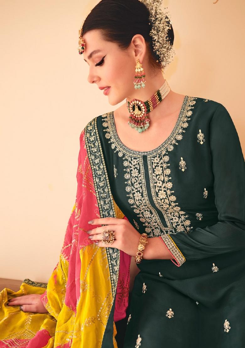 Green Embroidered Chinon Salwar Kameez With Dupatta
