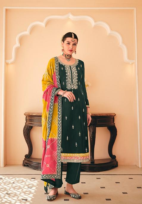 Green Embroidered Chinon Salwar Kameez With Dupatta