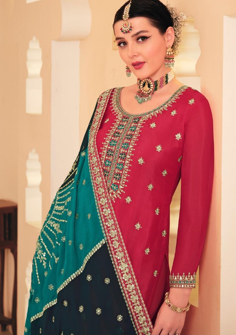 Pink Embroidered Chinon Salwar Kameez With Dupatta