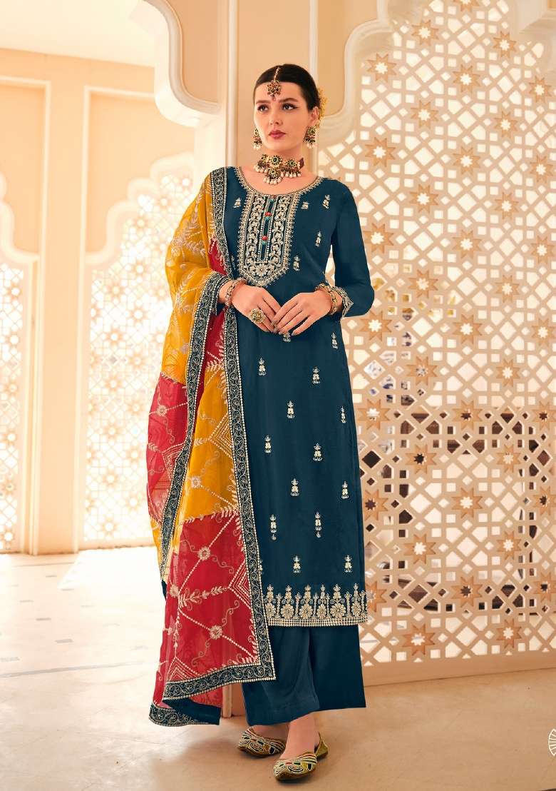 Teal Blue Embroidered Chinon Straight Kurta Set - Indya