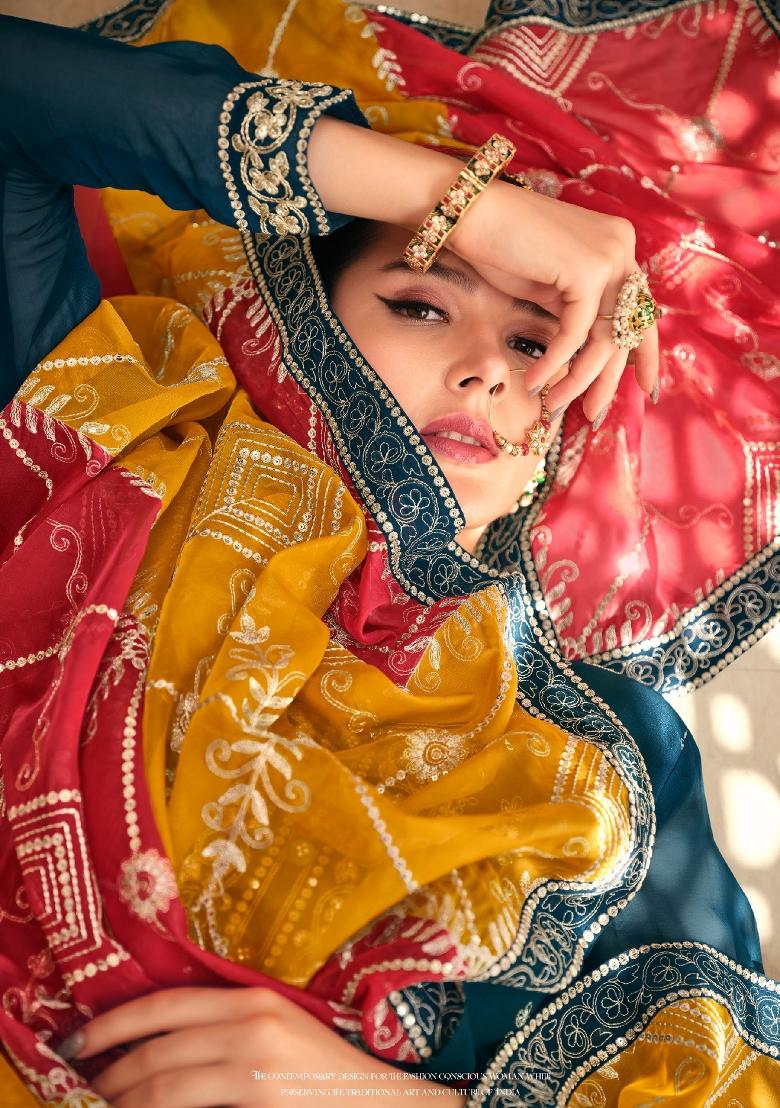 Teal Blue Embroidered Chinon Salwar Kameez With Dupatta