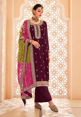 Maroon Embroidered Chinon Salwar Kameez With Dupatta