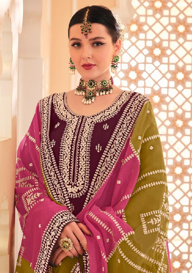 Maroon Embroidered Chinon Salwar Kameez With Dupatta