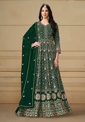 Green Embroidered Georgette Anarkali Set With Dupatta